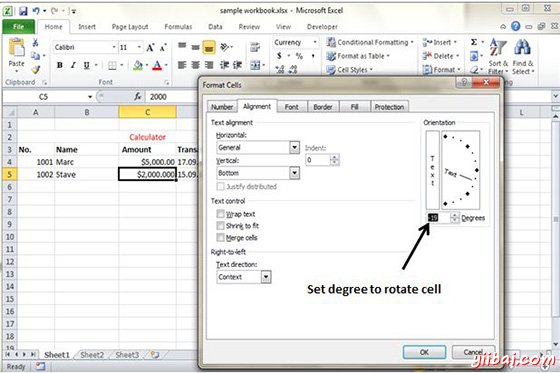 Rotate cell from Formatting cells